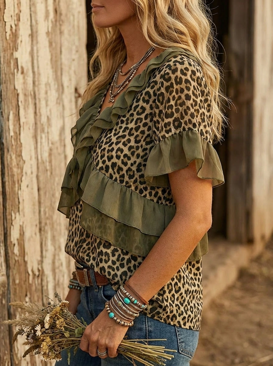 Women's Vintage Leopard Print Casual Patchwork Ruffle Shirt