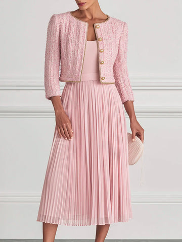 Pink Tweed Cropped Jacket & Pleated Midi Dress Set
