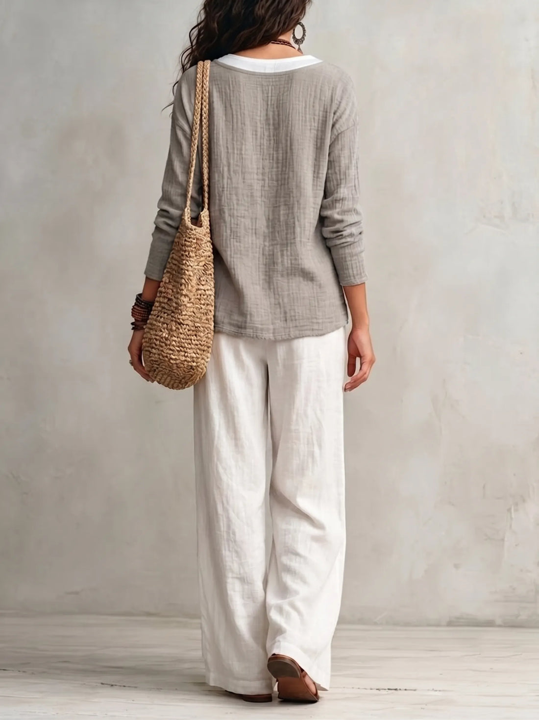 Grey V-neck Faux-layered Top And White Elastic-waist Wide-leg Pants Set