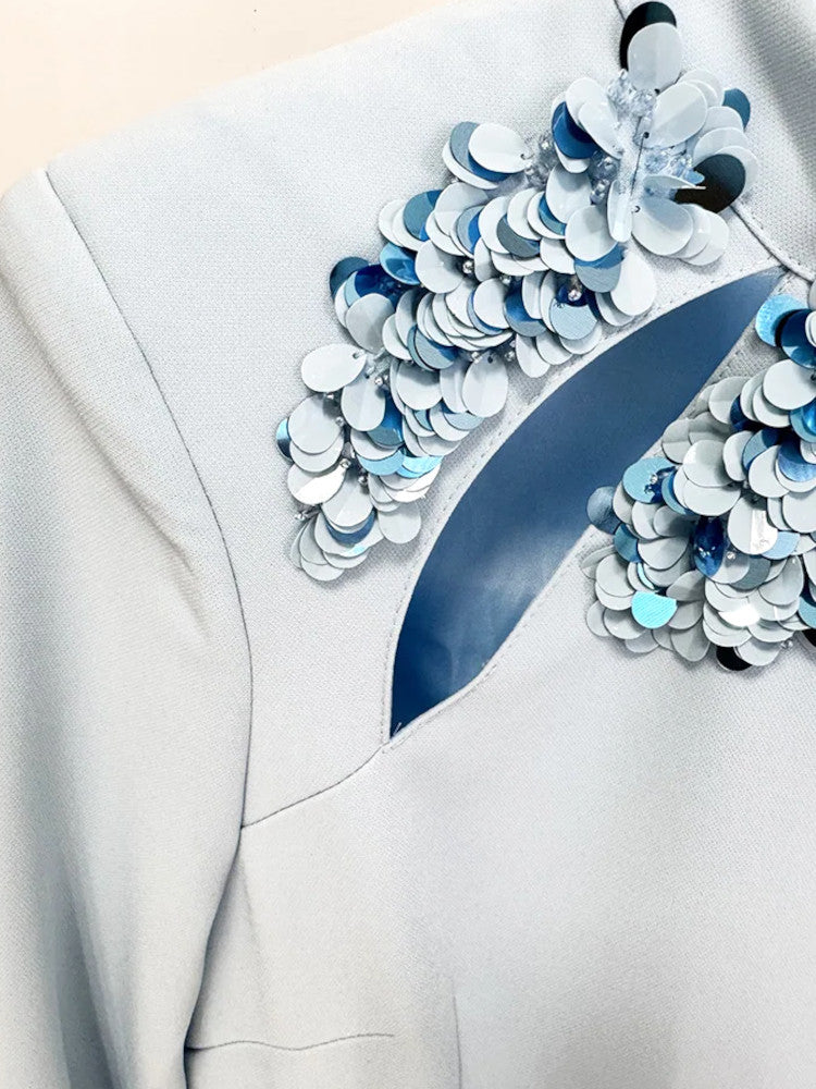 Long Sleeve Big Sequin Detail Maxi Dress Light Blue