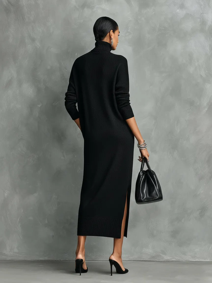 Women's Elegant Black Knitted Turtleneck Long-sleeved Loose-fitting  Midi Dress With No Pockets MDA1974L7AN