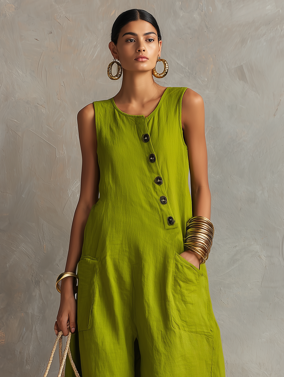 Women's Minimalist Loose-Fit Linen-Blend Sleeveless Jumpsuit With Asymmetrical Buttons MDZ2567D3Y