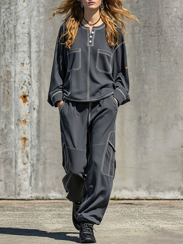 Sporty Retro Dark Gray Cotton Sweatshirt And Cargo Pants Set