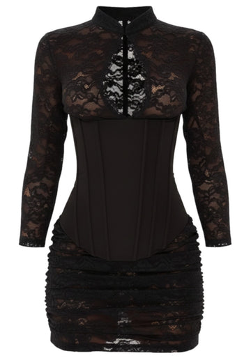 Long Sleeve Draped Lace Corset Dress Black