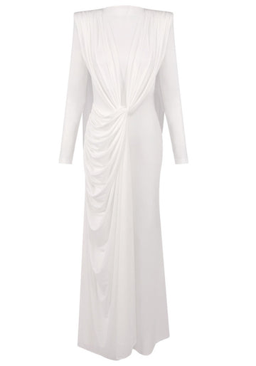 Long Sleeve Draped Design Maxi Dress White
