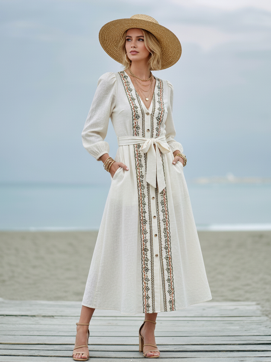 Women's Bohemian Off-White Linen-Cotton Embroidered Tie-Waist Maxi Dress MDZ2193D1GMJ