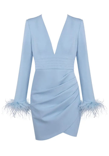 Feather Long Sleeve Dress Blue