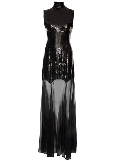 Sequin Mesh Insert Maxi Dress Black