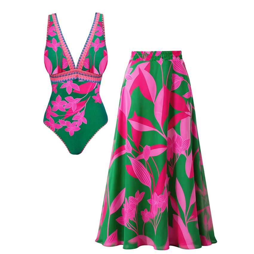 Pink & Green Colorblock Print V-Neck Swimsuit Set(s)