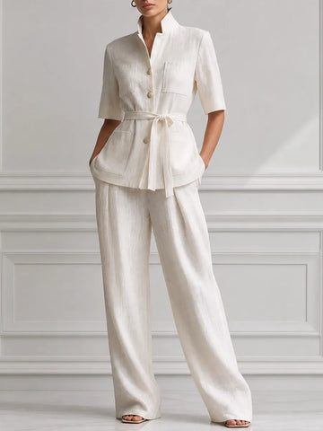 Ivory Linen Stand Collar Belted Jacket & Wide Leg Trousers Two-Piece Suit Set