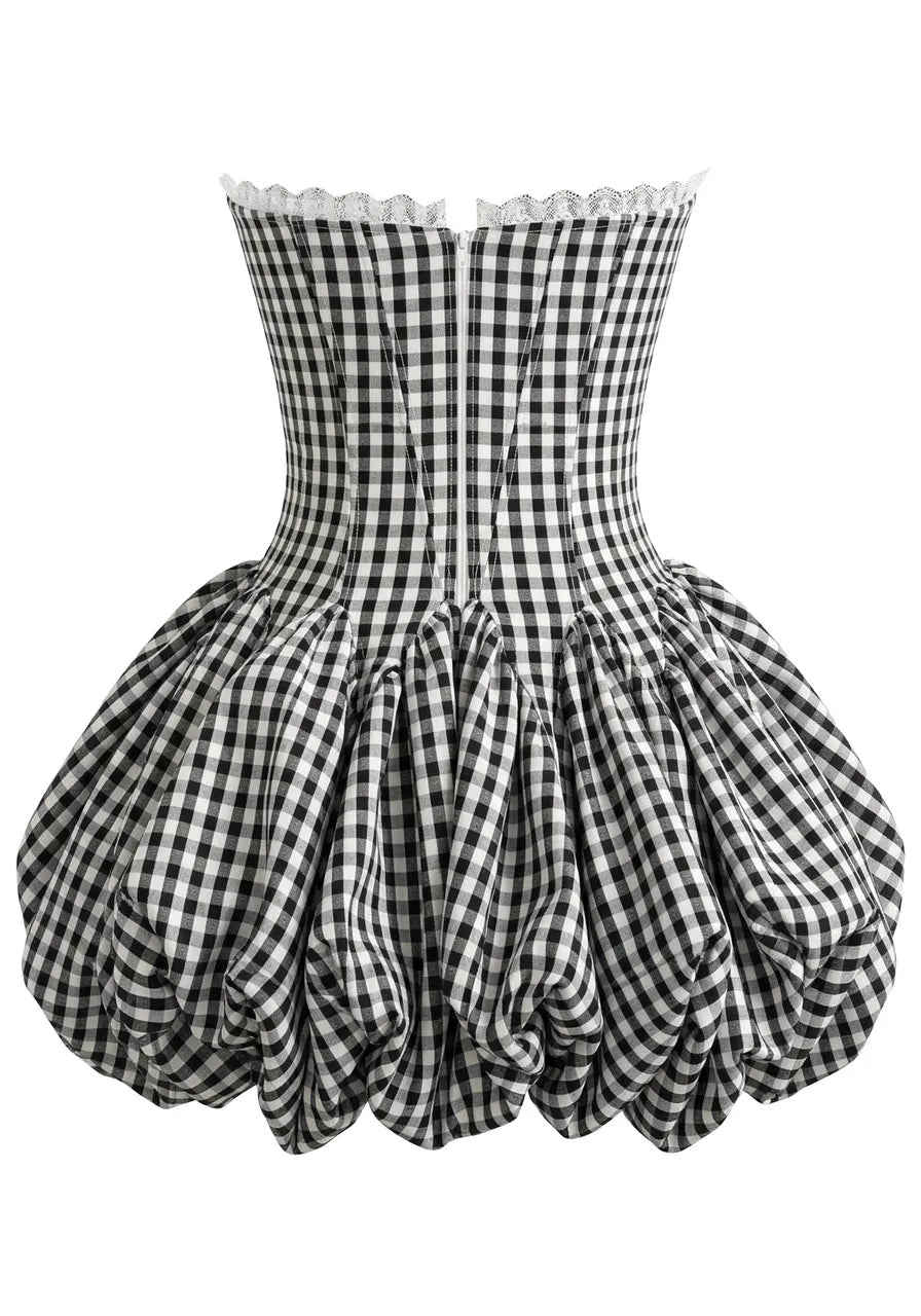 Strapless Lace Gingham Bubble Dress Black