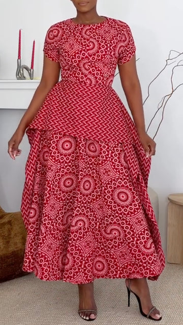 Red Ethnic Pattern Short Sleeve Layered Midi Dresss