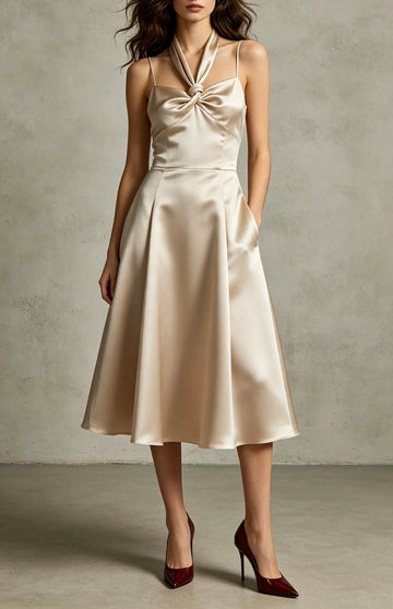 Women's Satin Halter Neck Bow Midi Dress with Pleated Skirt