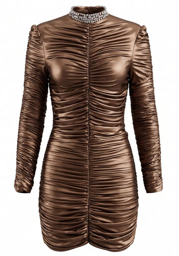 Long Sleeve Ruched Dress Brown