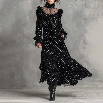 Velvet Polka Dot Sheer Panel Maxi Dress