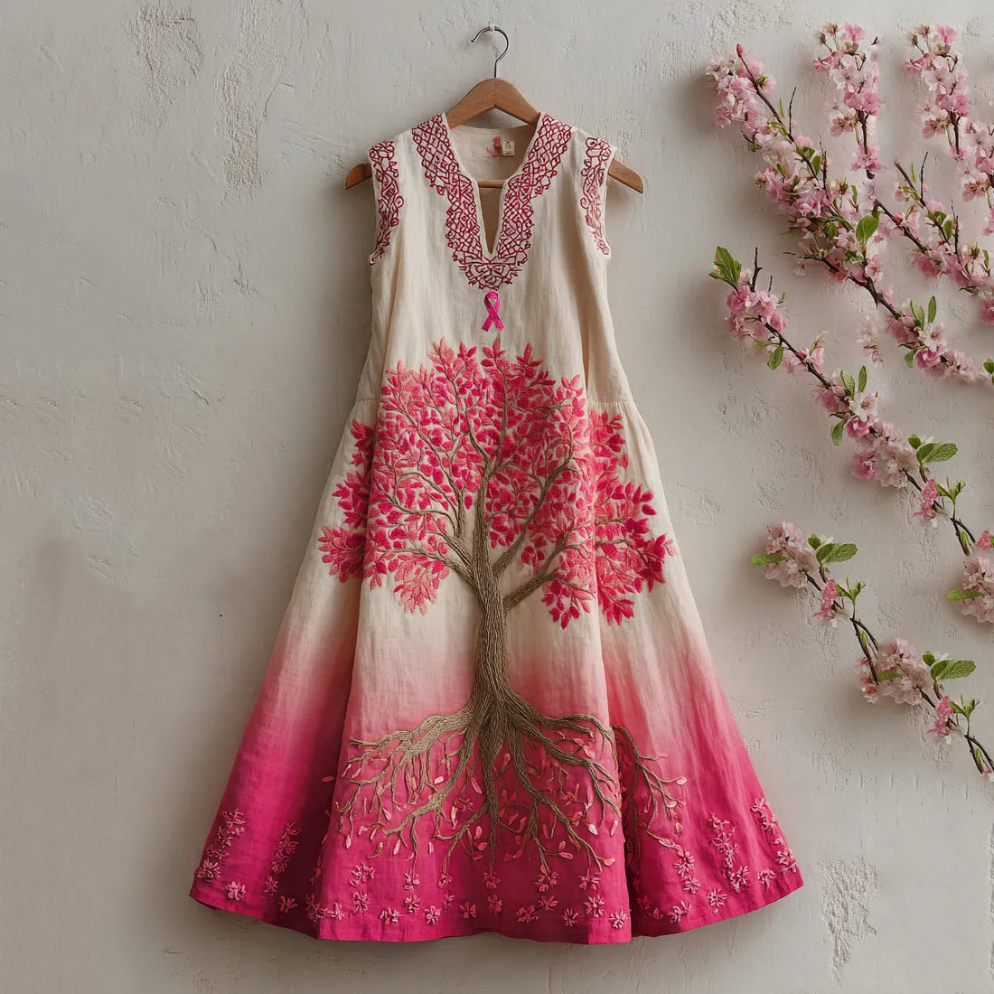 Women's Tree Of Life Pink Ribbon Embroidery Tank Maxi Dress