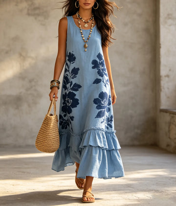 Women's Sleeveless Blue Floral Print Maxi Dress with Tiered Ruffle Hem