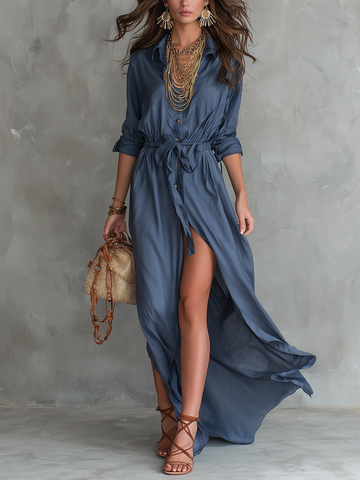 Bohemian Blue Tie Waist Shirt Maxi Dress