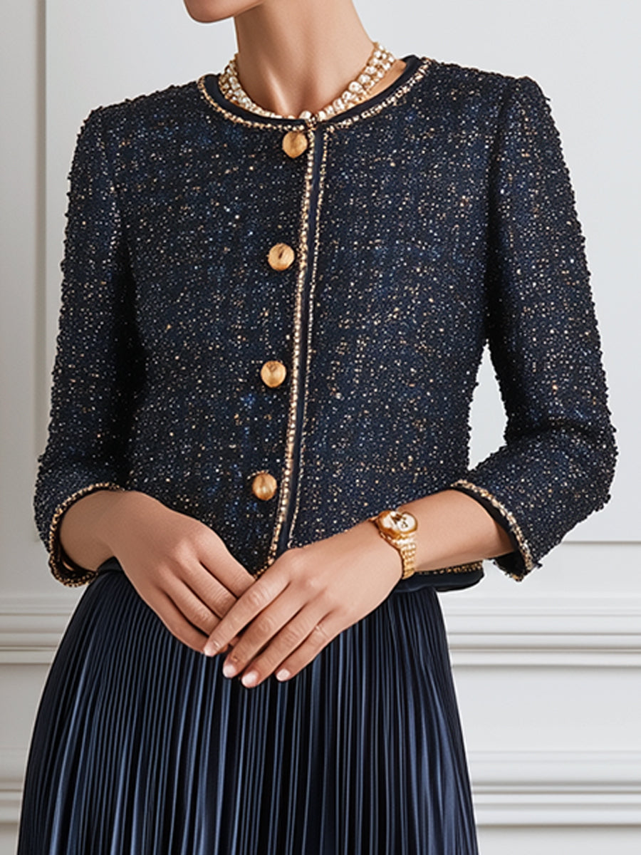 Tweed Cropped Jacket & Satin Pleated Midi Skirt Set