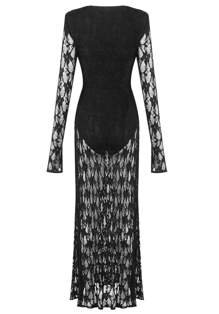 Long Sleeve Ruched Crochet Maxi Dress Black