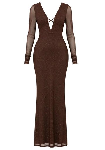 Mesh Long Sleeve Sparkly Maxi Dress Brown