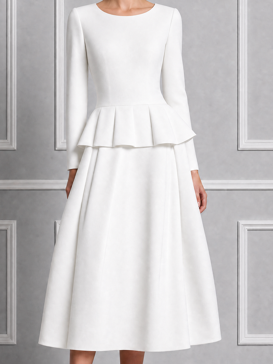 Ivory Round Neck Peplum Waist Pleated A-Line Midi Dress