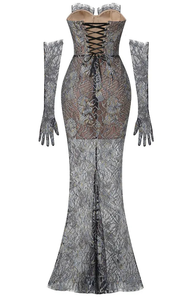 Strapless Corset Lace Maxi Dress Black Silver