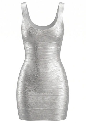 Woodgrain Foil Print Dress Silver