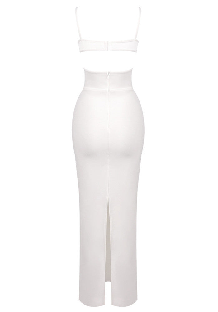 Bustier Draped Mesh Insert Maxi Dress White