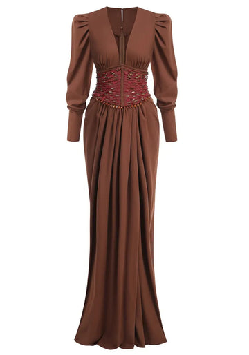 Long Sleeve Beaded Waist Maxi Dress Brown