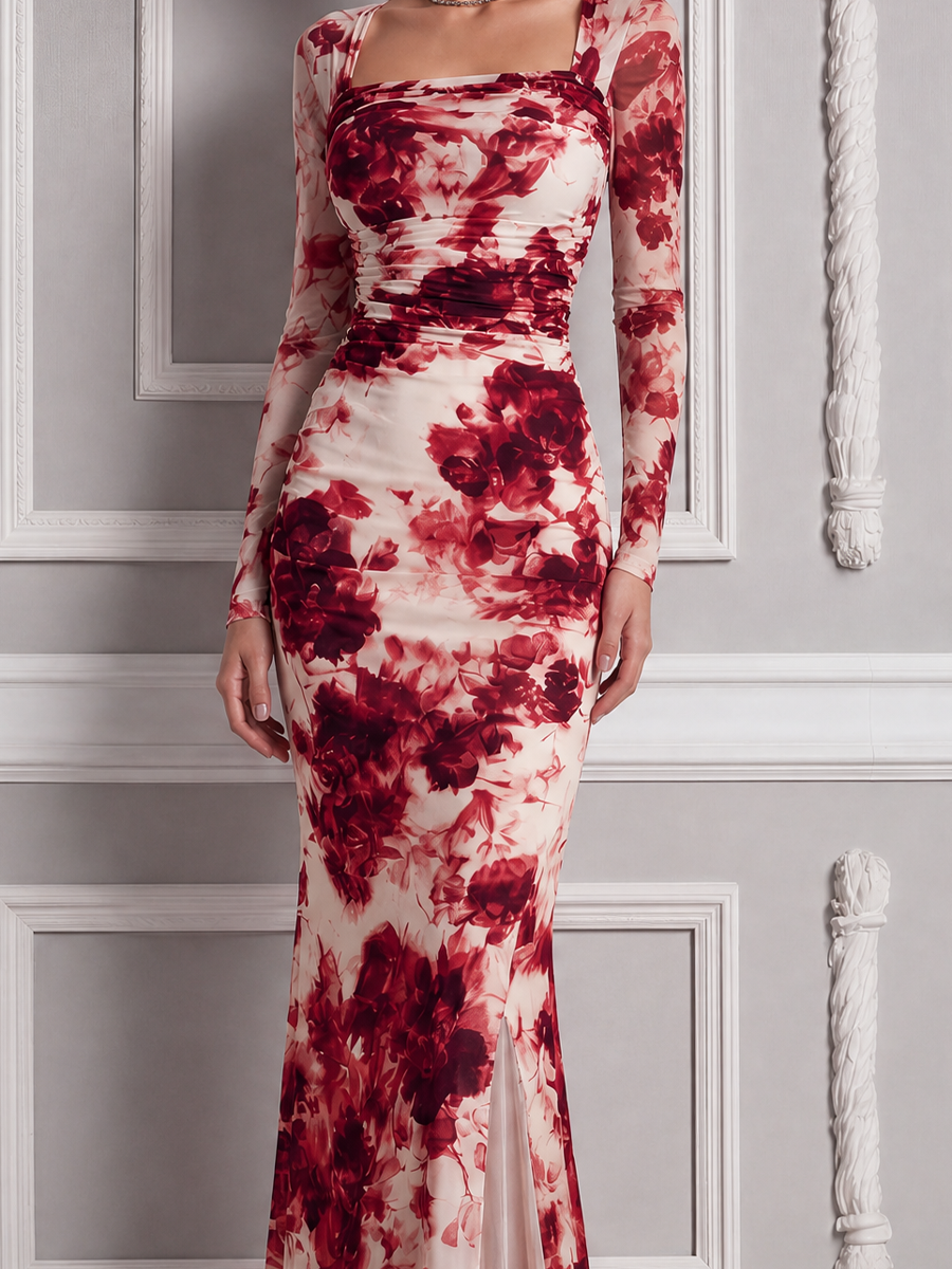 Red Dress Fall Wedding Guest Dress Floral Chiffon Sleeve Slit Maxi Dress