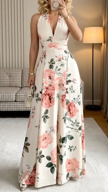 Floral Halter Cutout Jumpsuit