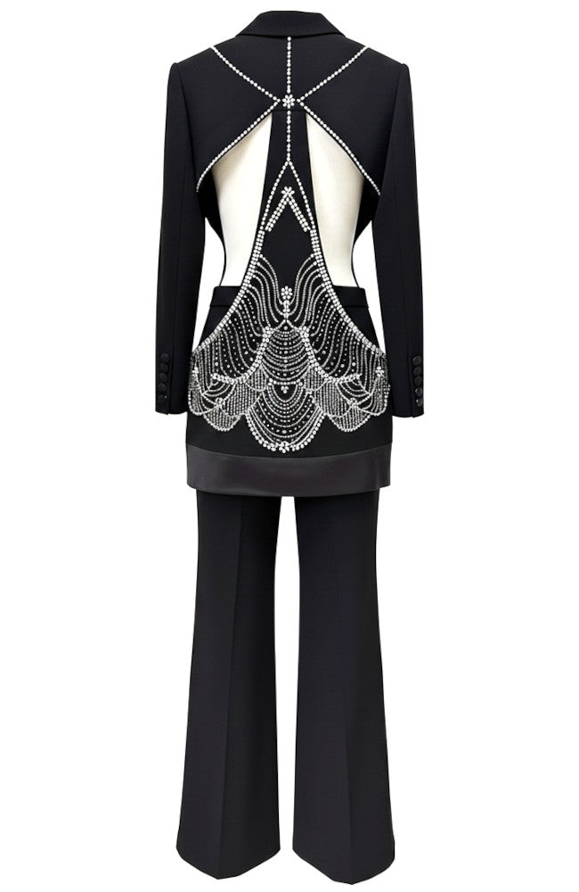Long Sleeve Crystal Cut Out Detail Suit Black