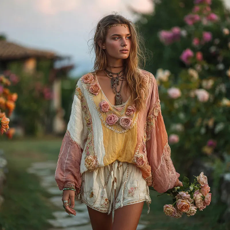 Women's Vintage Bohemian Rose Stitching V-neck Shirt