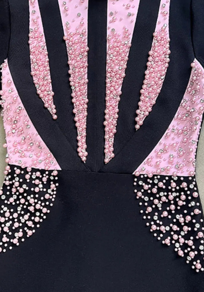 Long Sleeve Pearl Crystal Maxi Dress Black Pink