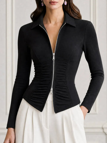 Collar Zip Front Ruched Fitted Long Sleeve Top