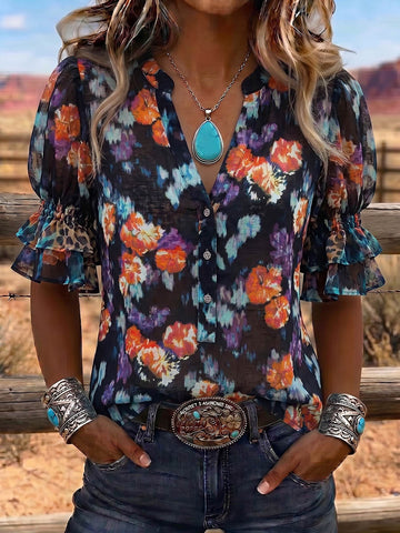 Vintage Art Print Comfortable Summer Fabrics Puff Sleeve Casual Shirt