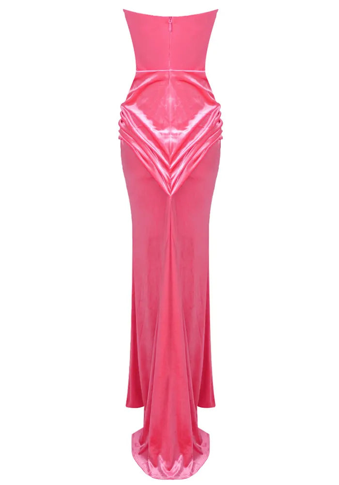 Strapless Crystal Bustier Draped Maxi Dress Pink