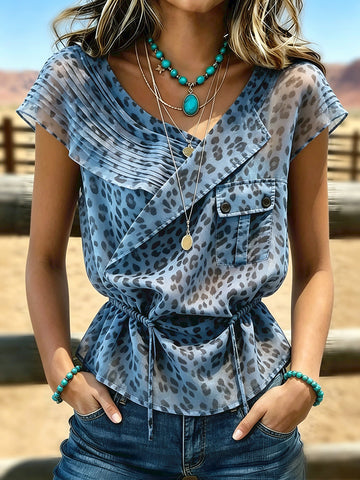 Women's Vintage V-neck Pleated Waist Patchwork Chiffon Casual Shirt