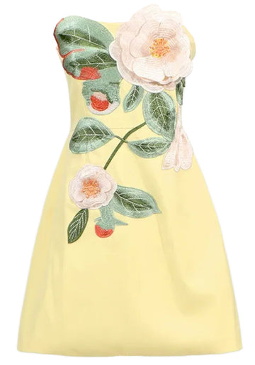 Strapless Embroidered Floral Dress Yellow