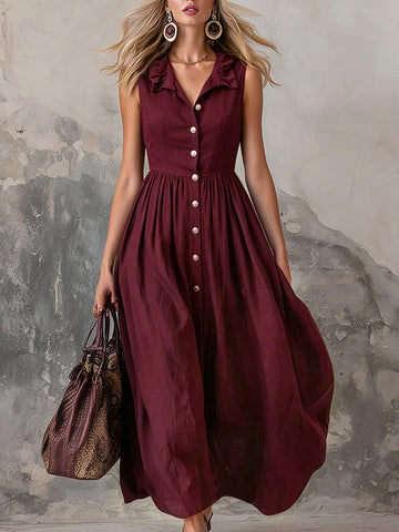 Elegant Zinfandel-colored Cotton And Linen Sleeveless Maxi Dress