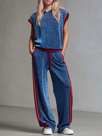 Leopard Print Hooded Sleeveless Top And Velvet Trousers Set