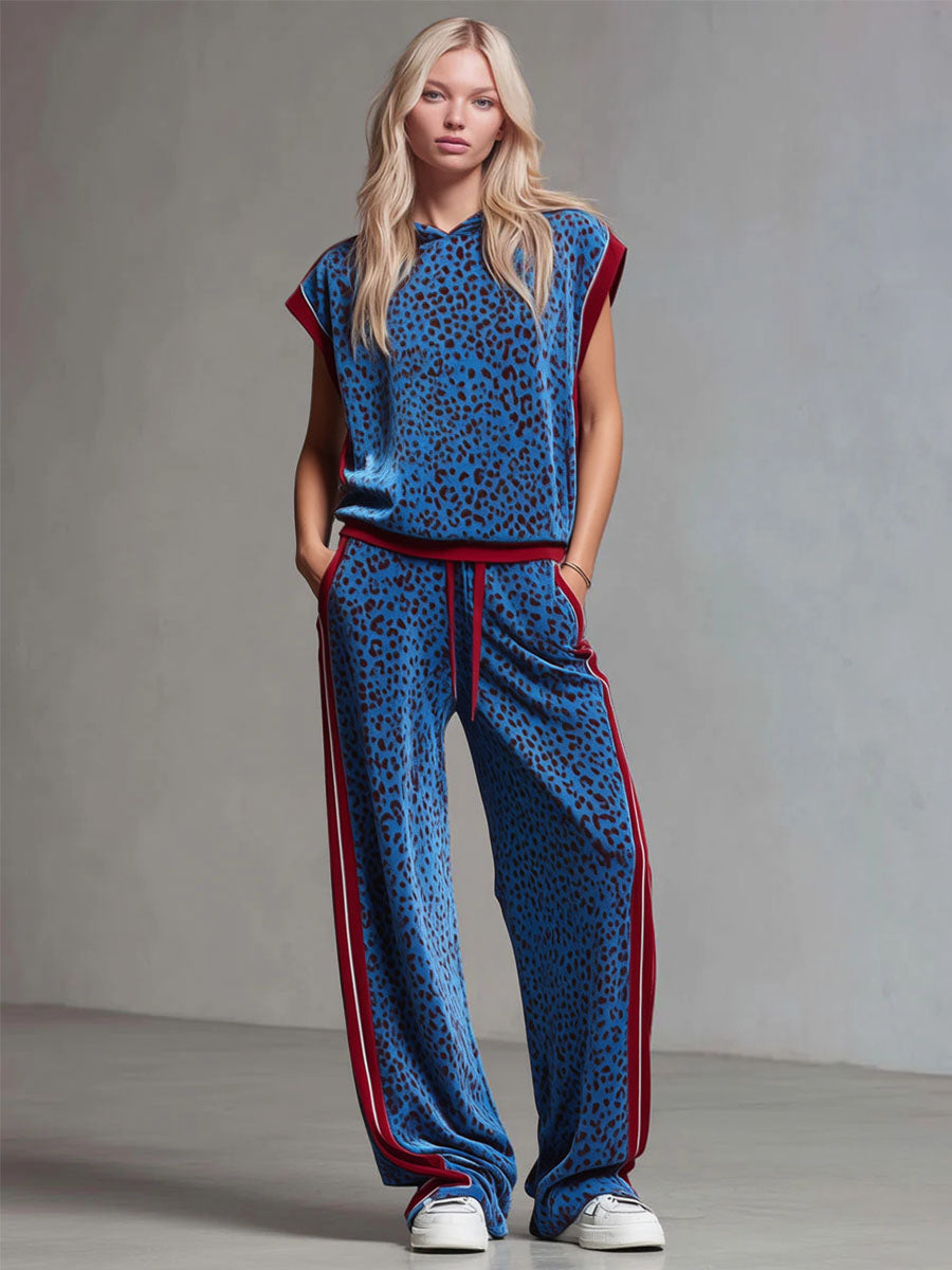 Leopard Print Hooded Sleeveless Top And Velvet Trousers Set
