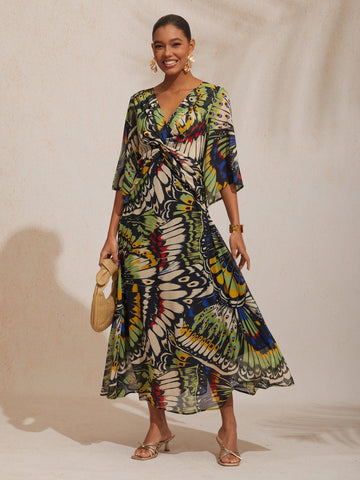 Jungle Butterfly Flowy Chiffon Maxi Dress