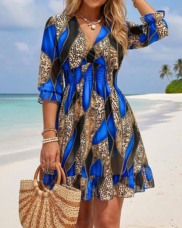 Colorblock Geometric & Leopard Print Spliced Overlap V Neck Flared Cuffs A Line Dress Casual Shirred Waist Ruffle Hem Vacation Chiffon Dress