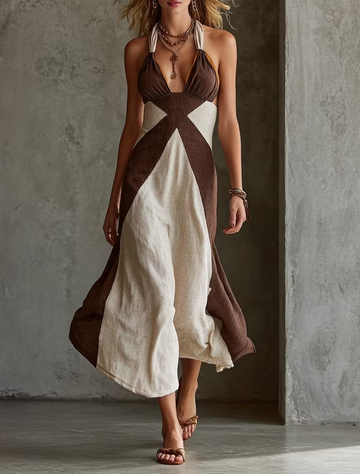 Beige Color Block Halter Maxi Dress