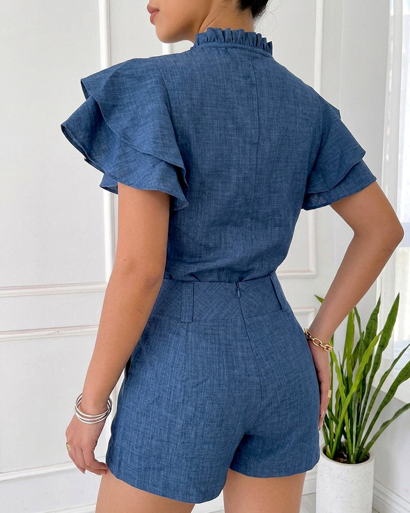 Women's Denim Look Two Piece Set Ruffle Short Sleeve Tie Neck Top and High Waist Shorts Casual Matching Set