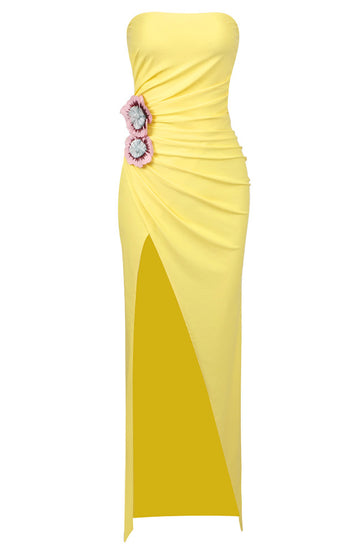 Strapless Floral Detail Maxi Dress Yellow
