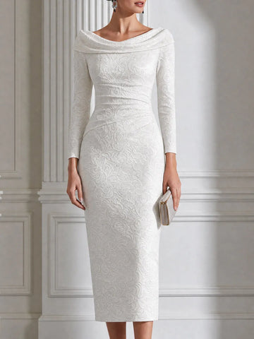 Textured Jacquard Cowl Neck Long Sleeve Midi Dress