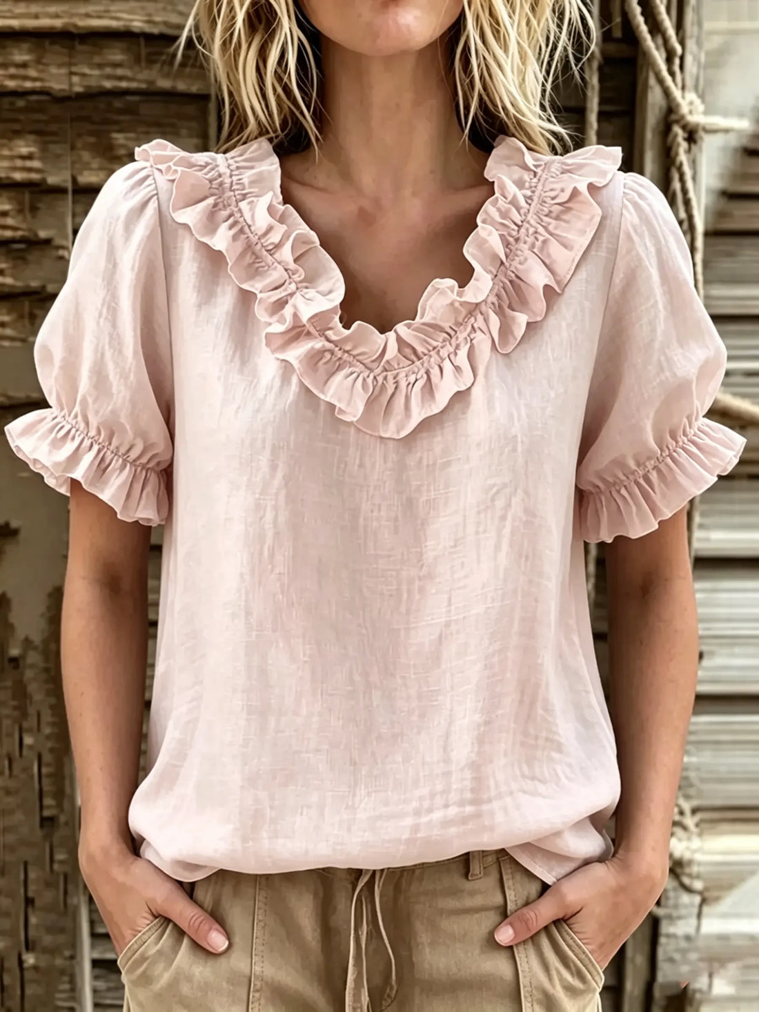 Women's Ruffle V-Neck Puff Sleeve Linen Blouse